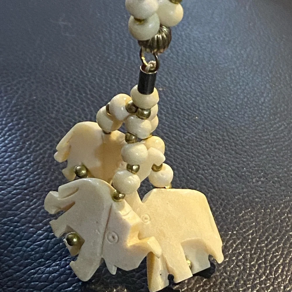 Vintage Carved Bone Cream Beaded Necklace with 3 Elephant Pendants Good Luck
